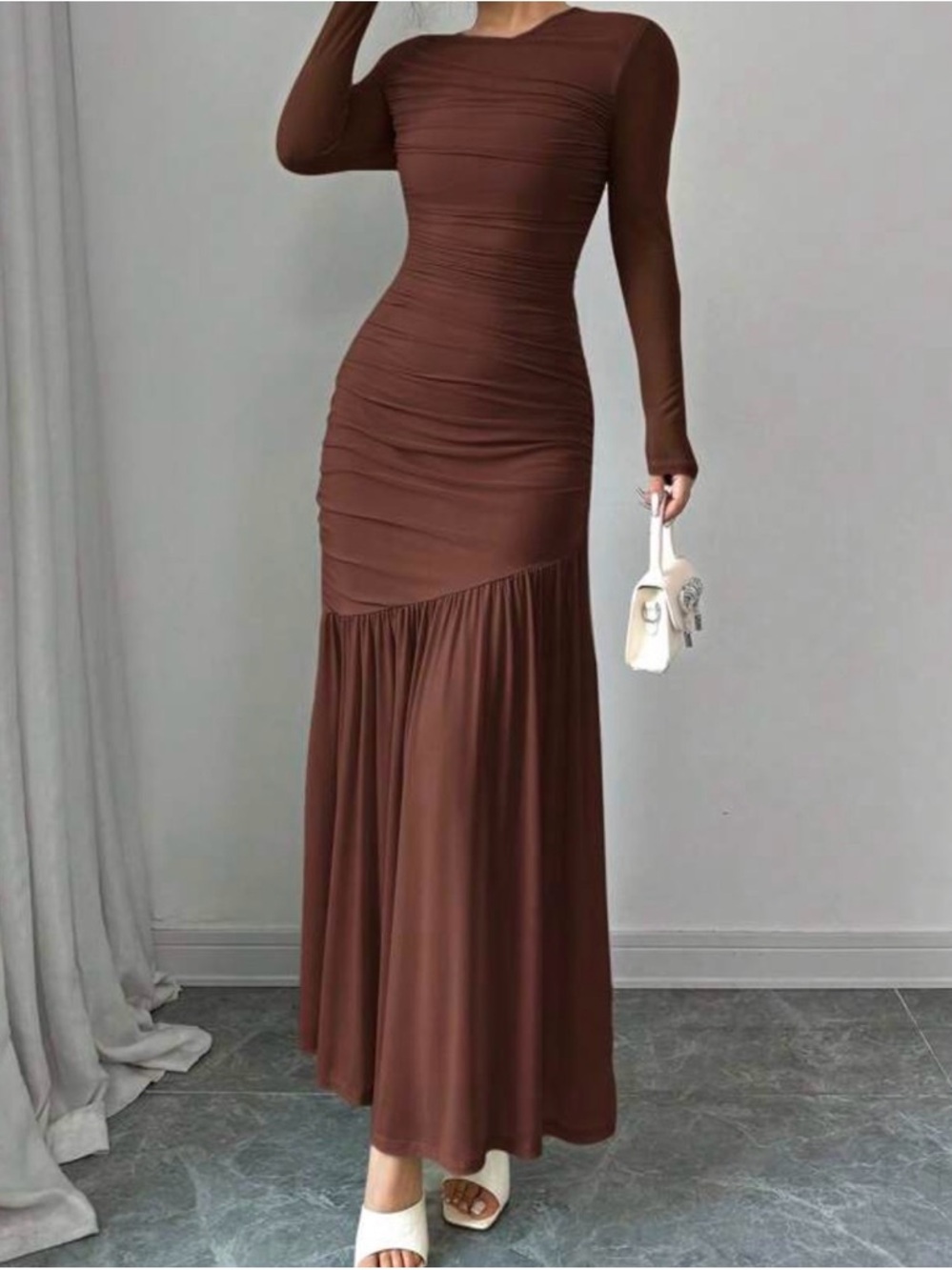 Long Sleeve Brown Ruched Maxi Dress